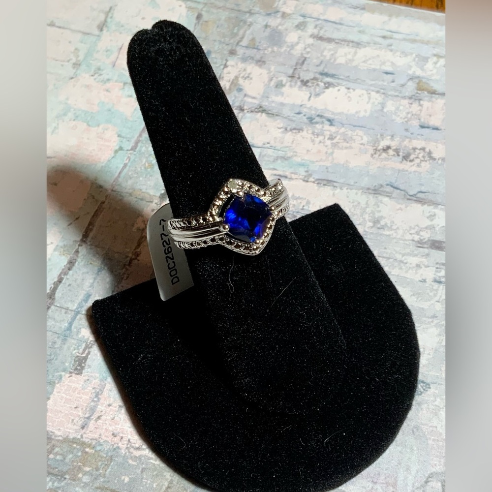 NIB 925 Sapphire & White Simulated Diamond Ring Sz 6.75